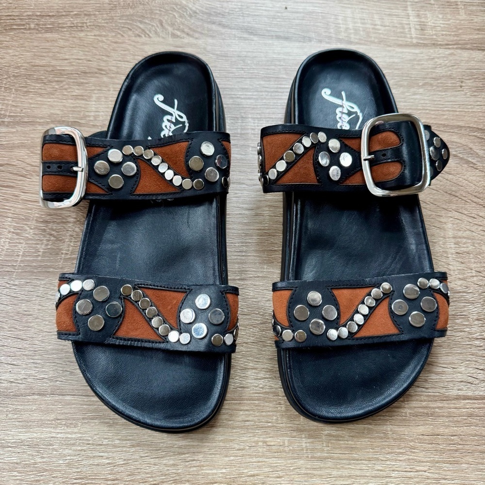 New Free People Revelry Studded Leather Buckle Sandals Black Size 8